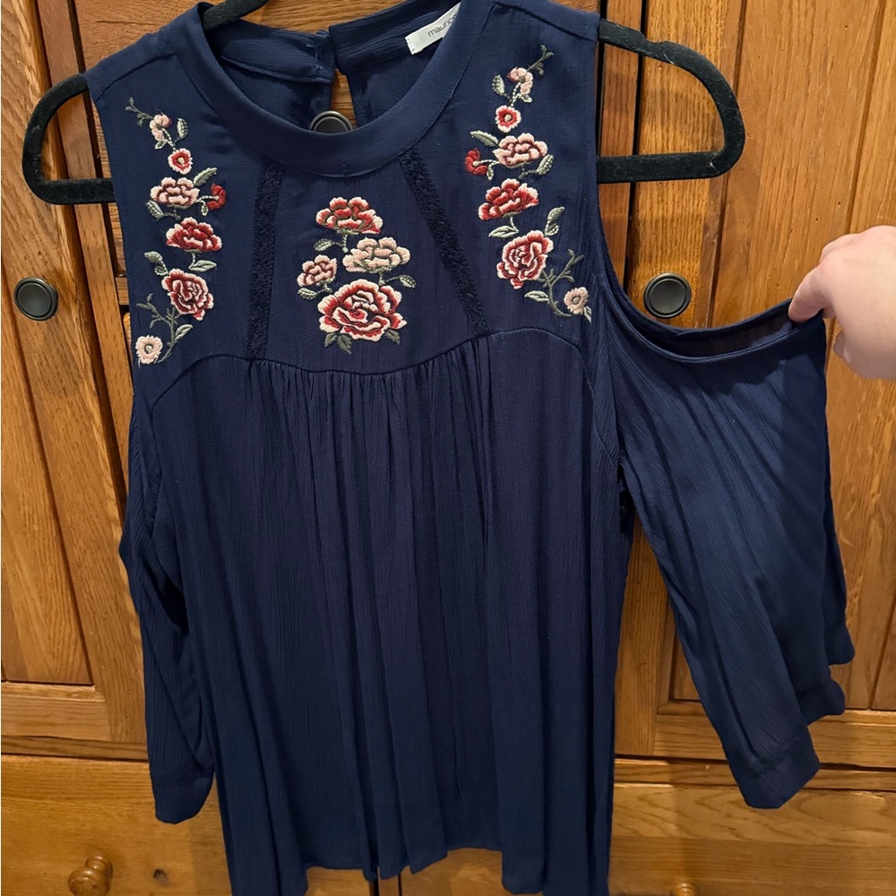 Maurices Navy Floral Embroidered Blouse